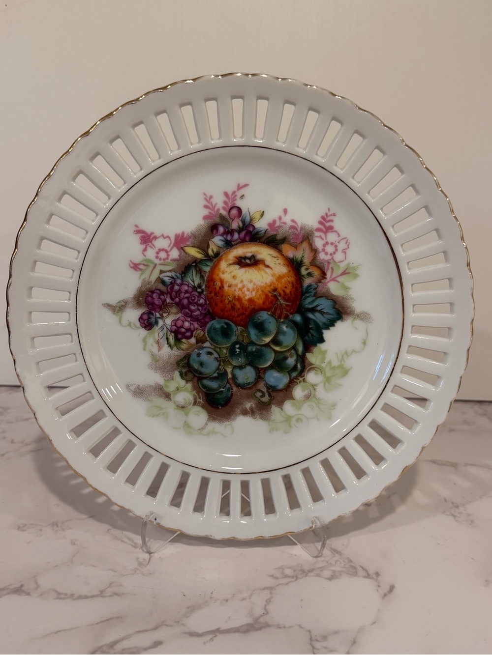 Vintage Made in Japan Reticulated Porcelain Fruit Plate  Openwork Rim, Gold Trim